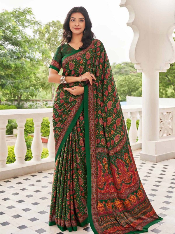 Green Crepe Silk Digital Print Saree